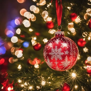 Close-UP of Christmas Tree, Red and Golden Ornaments against a Defocused Lights Background