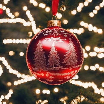 Close-UP of Christmas Tree, Red and Golden Ornaments against a Defocused Lights Background