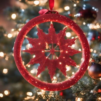 Close-UP of Christmas Tree, Red and Golden Ornaments against a Defocused Lights Background