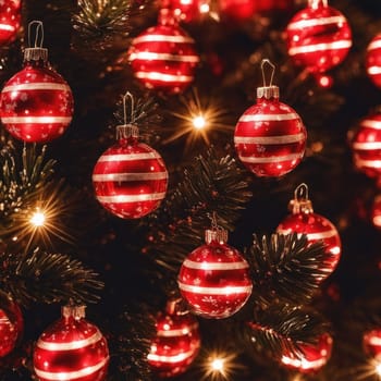 Close-UP of Christmas Tree, Red and Golden Ornaments against a Defocused Lights Background