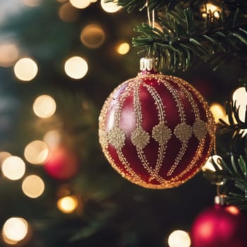 Close-UP of Christmas Tree, Red and Golden Ornaments against a Defocused Lights Background