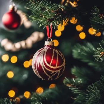 Close-UP of Christmas Tree, Red and Golden Ornaments against a Defocused Lights Background