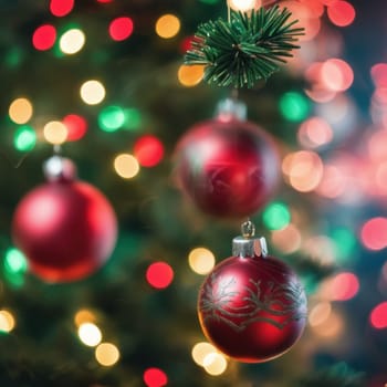 Close-UP of Christmas Tree, Red and Golden Ornaments against a Defocused Lights Background