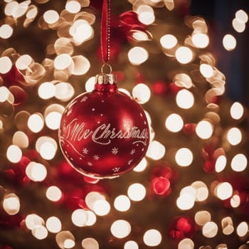 Close-UP of Christmas Tree, Red and Golden Ornaments against a Defocused Lights Background