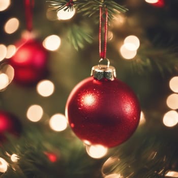 Close-UP of Christmas Tree, Red and Golden Ornaments against a Defocused Lights Background