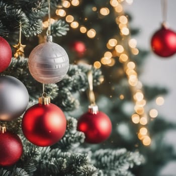 Close-UP of Christmas Tree, Red and Golden Ornaments against a Defocused Lights Background