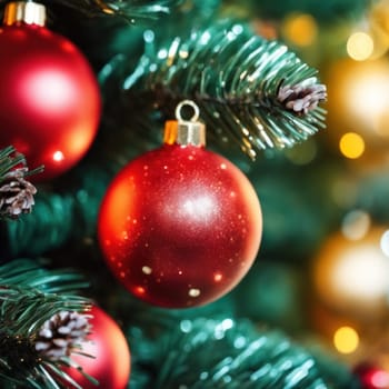 Close-UP of Christmas Tree, Red and Golden Ornaments against a Defocused Lights Background