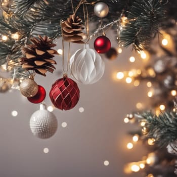 Close-UP of Christmas Tree, Red and Golden Ornaments against a Defocused Lights Background