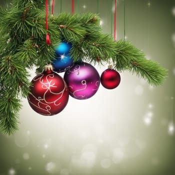 Close-UP of Christmas Tree, Red and Golden Ornaments against a Defocused Lights Background