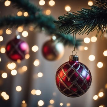 Close-UP of Christmas Tree, Red and Golden Ornaments against a Defocused Lights Background