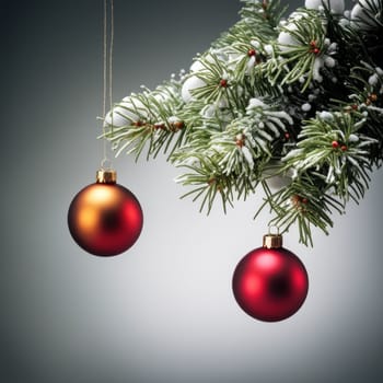 Close-UP of Christmas Tree, Red and Golden Ornaments against a Defocused Lights Background