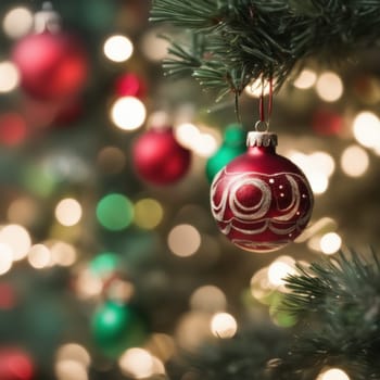 Close-UP of Christmas Tree, Red and Golden Ornaments against a Defocused Lights Background