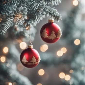 Close-UP of Christmas Tree, Red and Golden Ornaments against a Defocused Lights Background