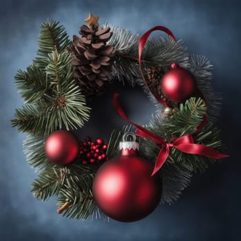 Close-UP of Christmas Tree, Red and Golden Ornaments against a Defocused Lights Background