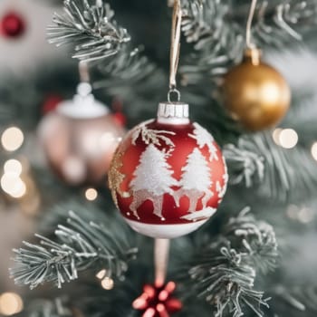 Close-UP of Christmas Tree, Red and Golden Ornaments against a Defocused Lights Background