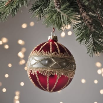 Close-UP of Christmas Tree, Red and Golden Ornaments against a Defocused Lights Background