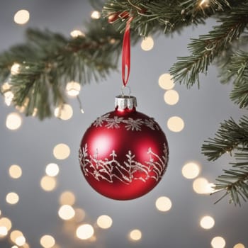 Close-UP of Christmas Tree, Red and Golden Ornaments against a Defocused Lights Background