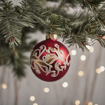 Close-UP of Christmas Tree, Red and Golden Ornaments against a Defocused Lights Background