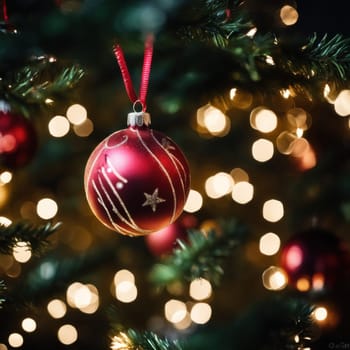 Close-UP of Christmas Tree, Red and Golden Ornaments against a Defocused Lights Background