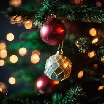 Close-UP of Christmas Tree, Red and Golden Ornaments against a Defocused Lights Background