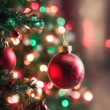 Close-UP of Christmas Tree, Red and Golden Ornaments against a Defocused Lights Background