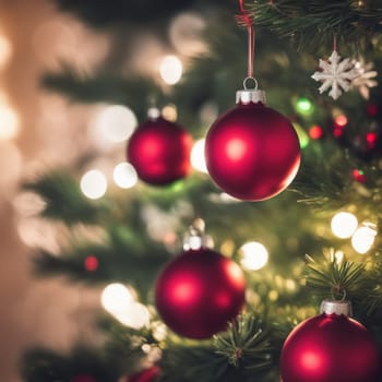 Close-UP of Christmas Tree, Red and Golden Ornaments against a Defocused Lights Background