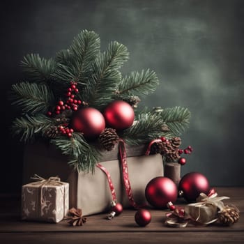 Close-UP of Christmas Tree, Red and Golden Ornaments against a Defocused Lights Background