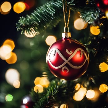 Close-UP of Christmas Tree, Red and Golden Ornaments against a Defocused Lights Background