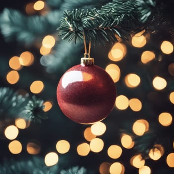 Close-UP of Christmas Tree, Red and Golden Ornaments against a Defocused Lights Background