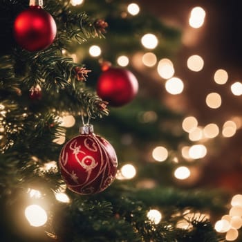 Close-UP of Christmas Tree, Red and Golden Ornaments against a Defocused Lights Background