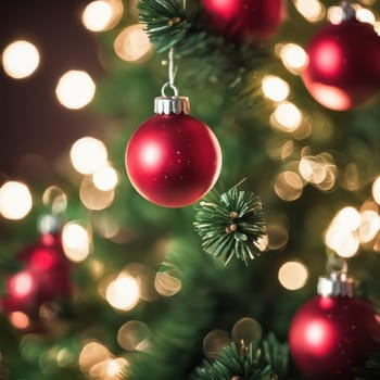 Close-UP of Christmas Tree, Red and Golden Ornaments against a Defocused Lights Background