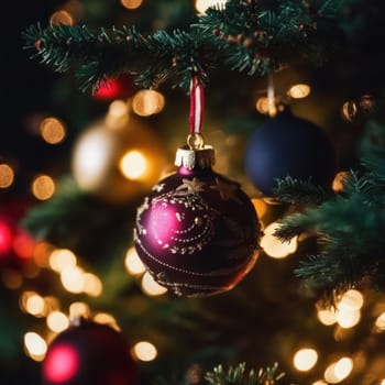 Close-UP of Christmas Tree, Red and Golden Ornaments against a Defocused Lights Background