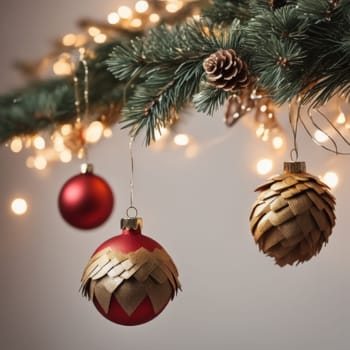 Close-UP of Christmas Tree, Red and Golden Ornaments against a Defocused Lights Background