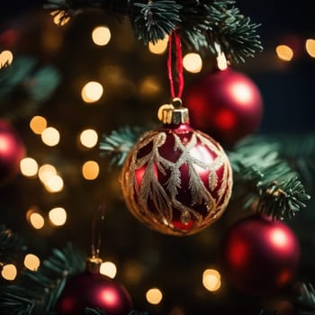 Close-UP of Christmas Tree, Red and Golden Ornaments against a Defocused Lights Background