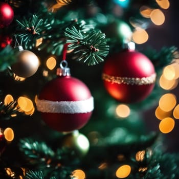 Close-UP of Christmas Tree, Red and Golden Ornaments against a Defocused Lights Background