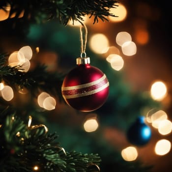 Close-UP of Christmas Tree, Red and Golden Ornaments against a Defocused Lights Background