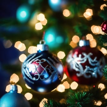 Close-UP of Christmas Tree, Red and Golden Ornaments against a Defocused Lights Background