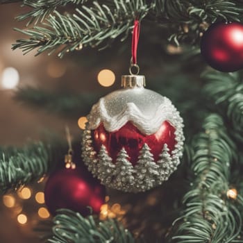 Close-UP of Christmas Tree, Red and Golden Ornaments against a Defocused Lights Background