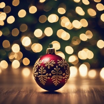 Close-UP of Christmas Tree, Red and Golden Ornaments against a Defocused Lights Background