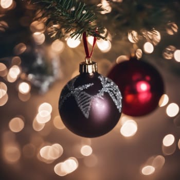 Close-UP of Christmas Tree, Red and Golden Ornaments against a Defocused Lights Background