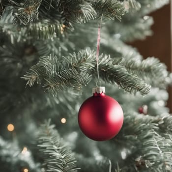 Close-UP of Christmas Tree, Red and Golden Ornaments against a Defocused Lights Background