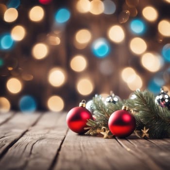 Close-UP of Christmas Tree, Red and Golden Ornaments against a Defocused Lights Background