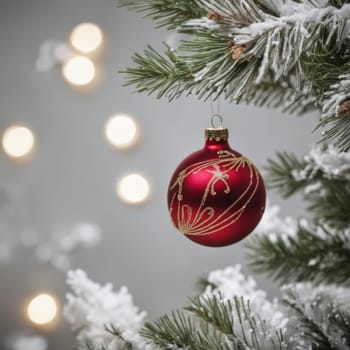 Close-UP of Christmas Tree, Red and Golden Ornaments against a Defocused Lights Background