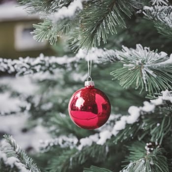 Close-UP of Christmas Tree, Red and Golden Ornaments against a Defocused Lights Background