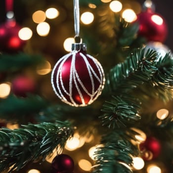 Close-UP of Christmas Tree, Red and Golden Ornaments against a Defocused Lights Background