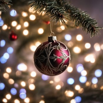 Close-UP of Christmas Tree, Red and Golden Ornaments against a Defocused Lights Background