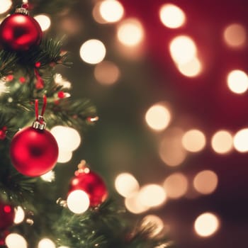 Close-UP of Christmas Tree, Red and Golden Ornaments against a Defocused Lights Background