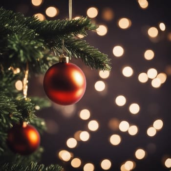 Close-UP of Christmas Tree, Red and Golden Ornaments against a Defocused Lights Background