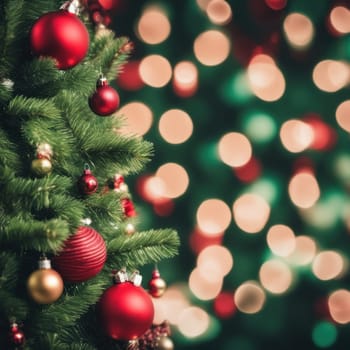 Close-UP of Christmas Tree, Red and Golden Ornaments against a Defocused Lights Background