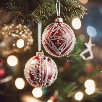 Close-UP of Christmas Tree, Red and Golden Ornaments against a Defocused Lights Background